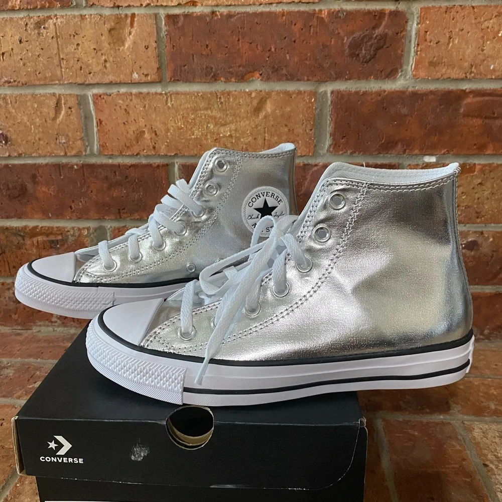Converse Silver High Top Sneakers with White Soles - Picture 2 of 6